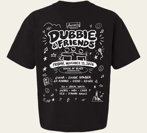 The show tee: the flyer art on the back, the AV logo on the front
